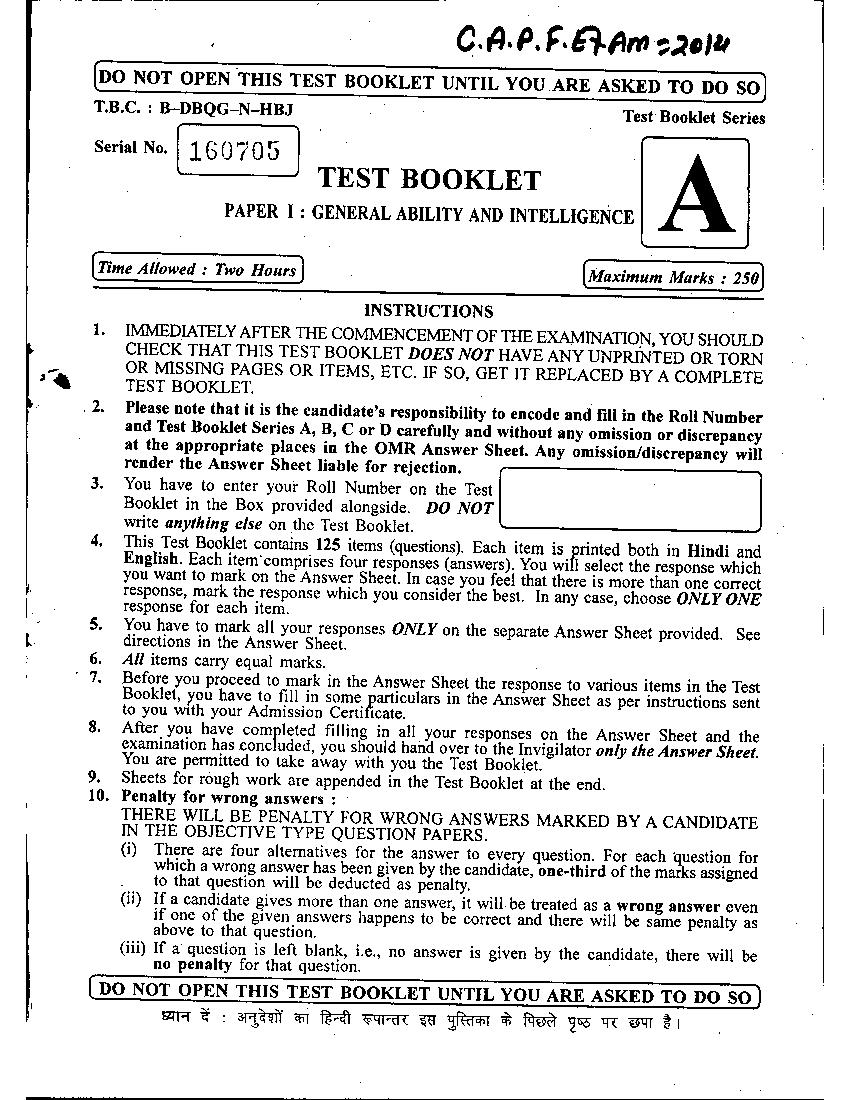 UPSC CAPF AC 2014 Question Paper for General Ability and Intelligence - Page 1