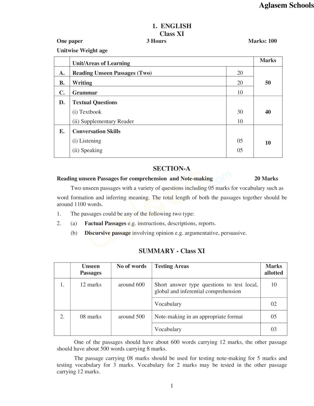 UK Board Class 11th Syllabus - Page 1
