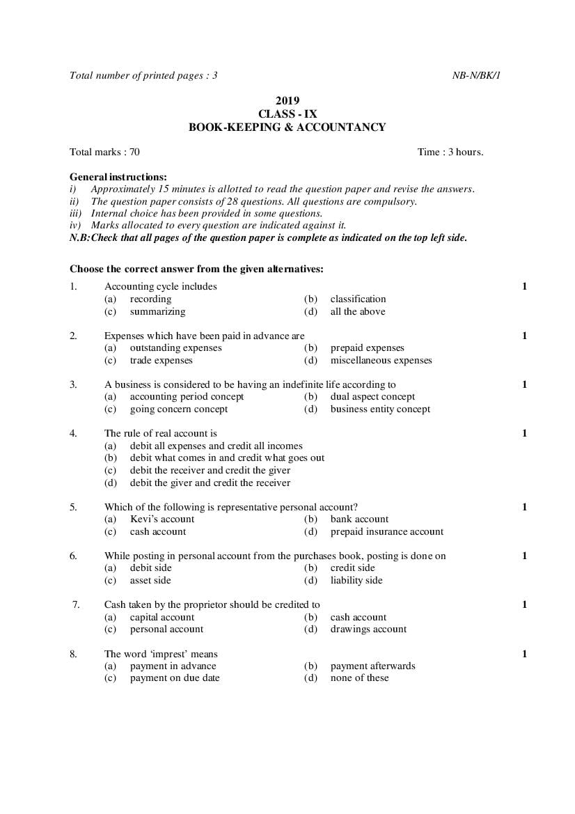 NBSE Class 9 Question Paper 2019 Book Keeping and Accountancy - Page 1
