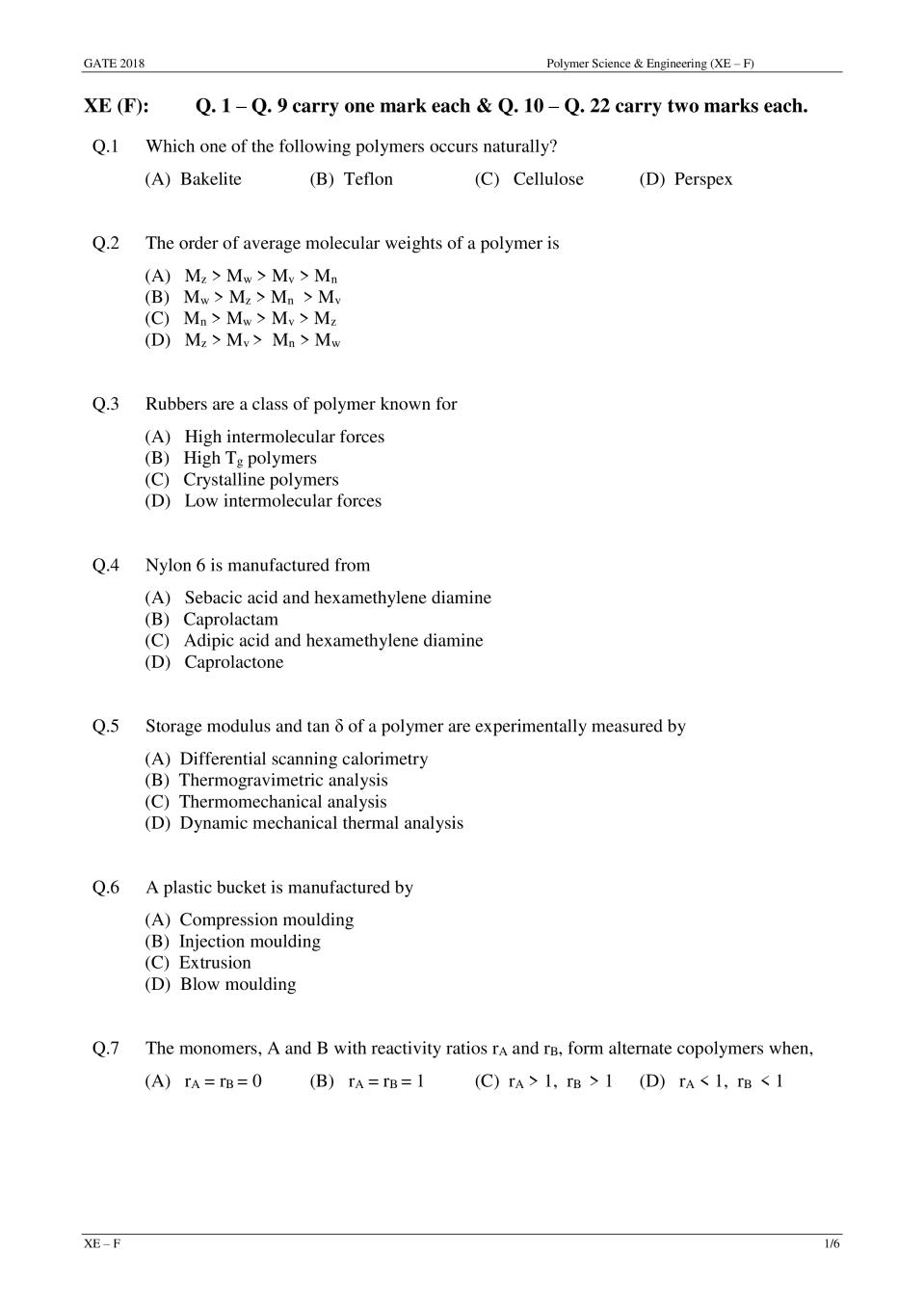 GATE 2018 Polymer Science  Engineering (XE – F)  Question Paper with Answer - Page 1