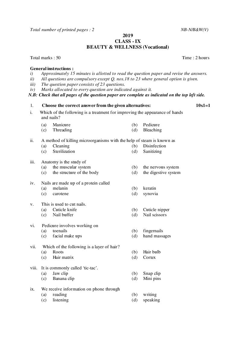 NBSE Class 9 Question Paper 2019 Beauty and Wellness - Page 1