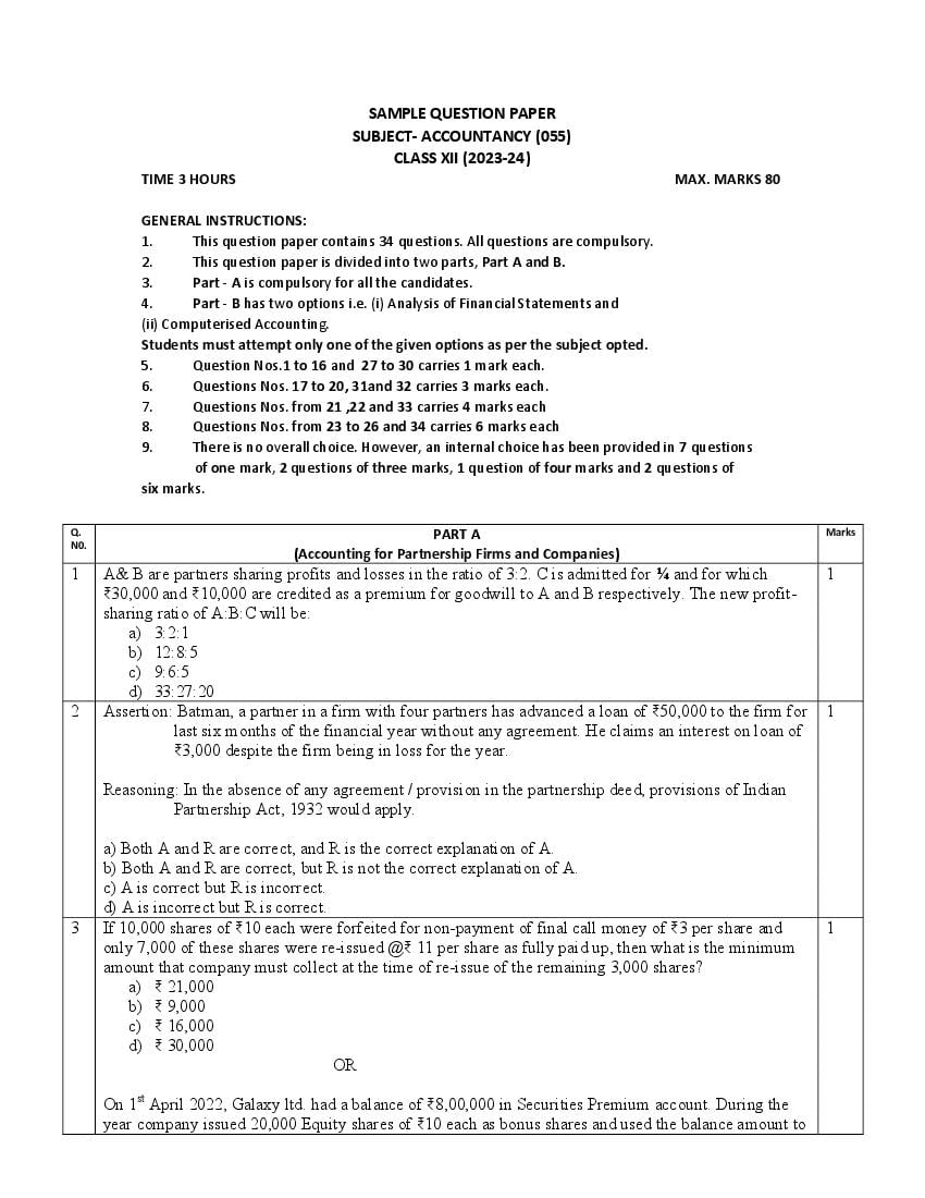 CBSE Class 12 Accountancy Sample Paper 2024 (PDF with Solutions