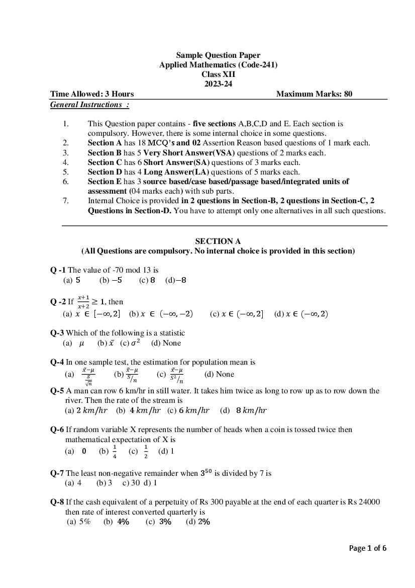 CBSE Class 12 Applied Maths Sample Paper 2024 (PDF with Solutions ...