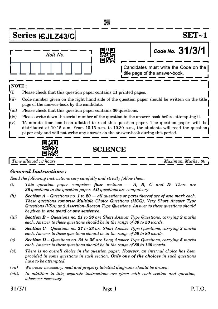 CBSE Class 10 Question Paper 2021 Science Compartment 