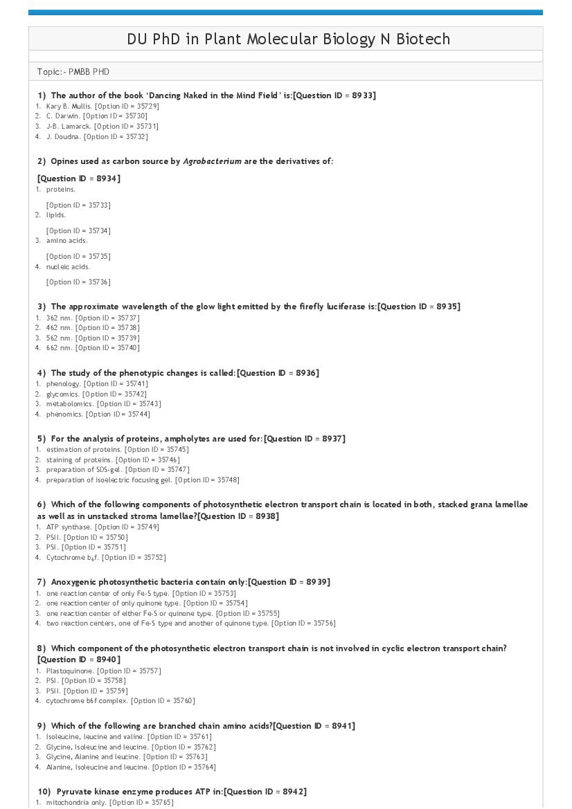 DUET 2021 Question Paper Ph.D in Plant Molecular Biology and Biotechnology - Page 1