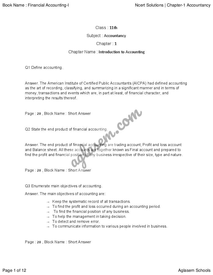 NCERT Solution for Class 11 Accountancy Chapter 1 Introduction to  Accounting Download Free PDF