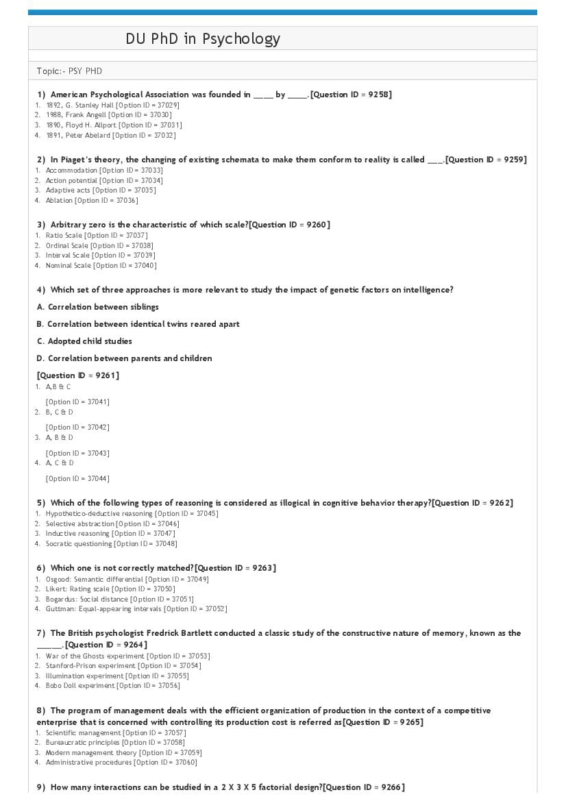 DUET 2021 Question Paper Ph.D in Psychology - Page 1