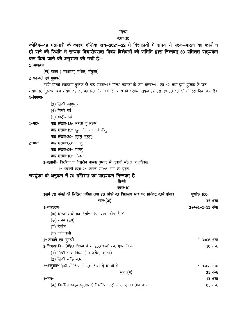 UP Board Class 10 Syllabus 2022 Sindhi - Page 1