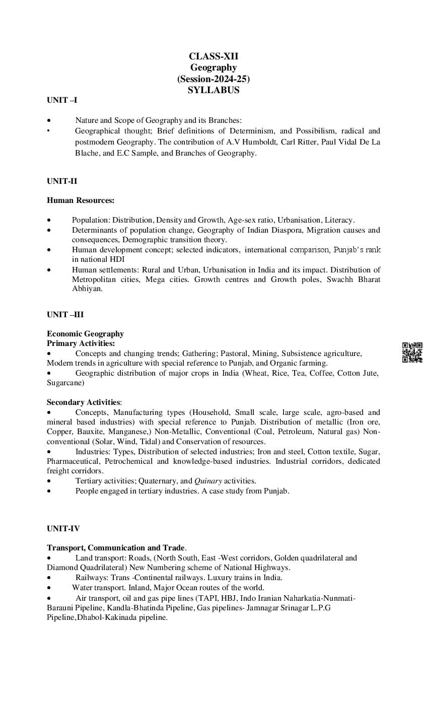 PSEB Class 12 Geography Syllabus (PDF)