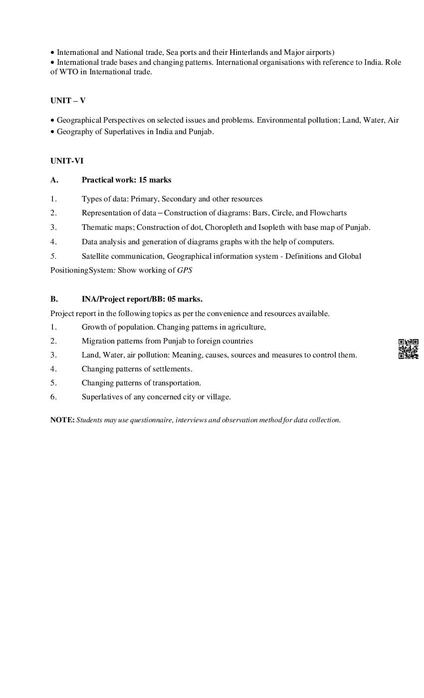 PSEB Class 12 Geography Syllabus (PDF)