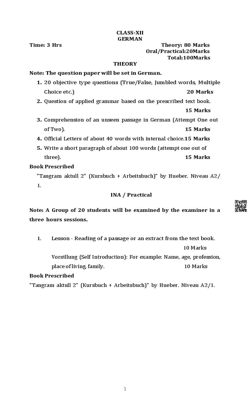 PSEB Class 12 German Syllabus (PDF)