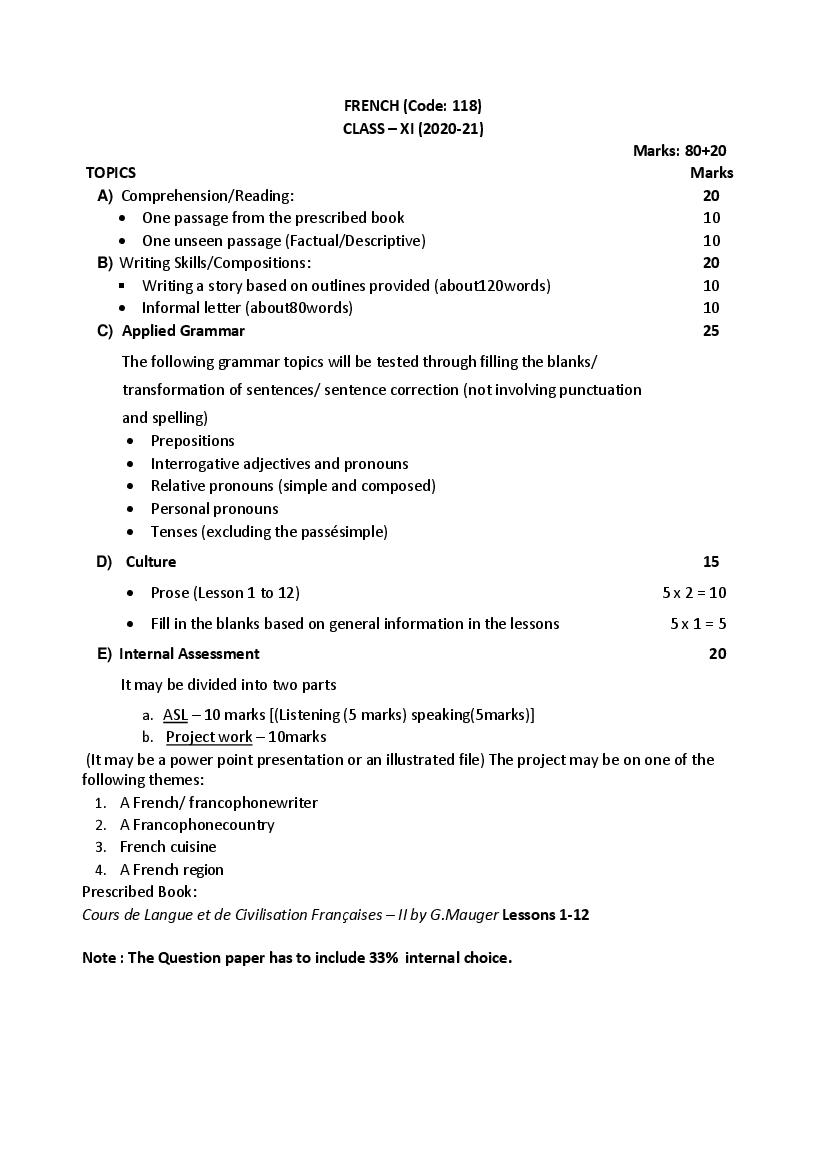 CBSE Class 11 French Syllabus 2020-21 - Page 1