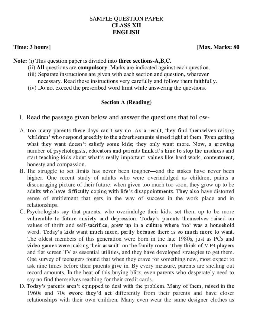 Uttarakhand Board Class 12 Sample Paper 2023 English - Page 1