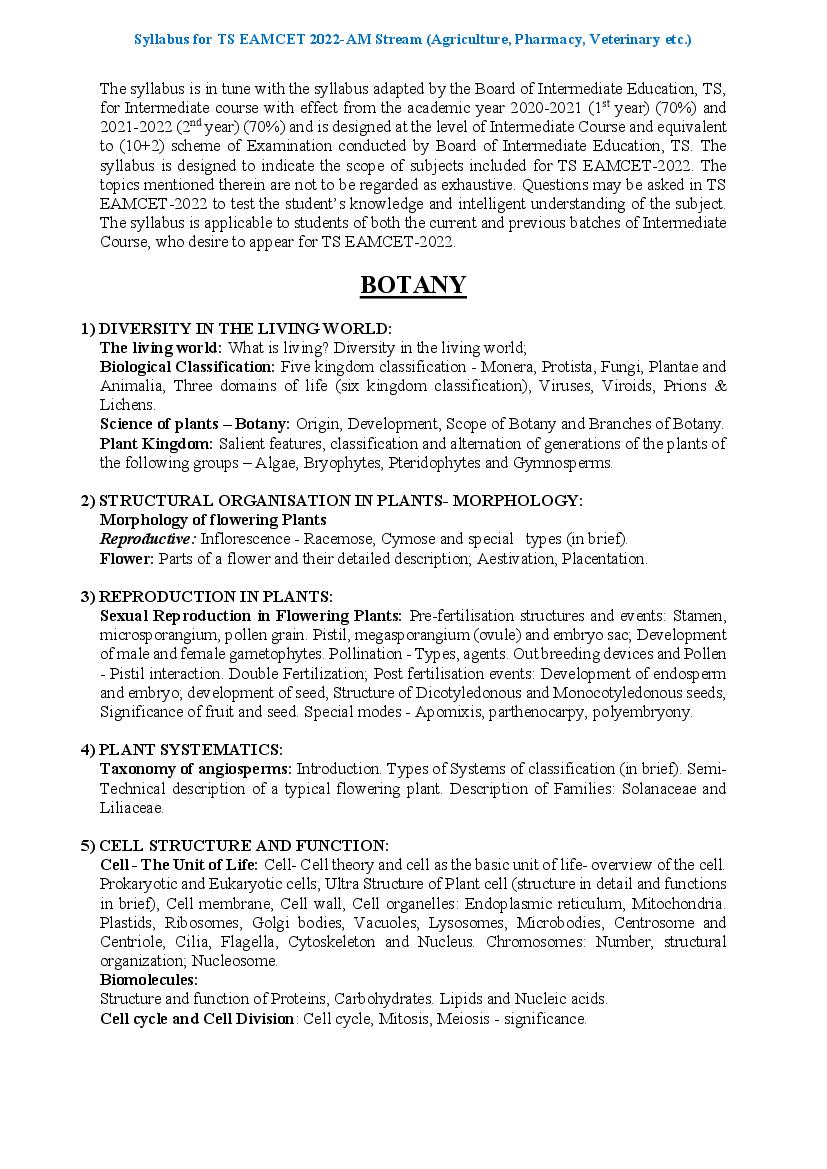 TS EAMCET 2022 Syllabus for Agriculture and Medical Stream - Page 1