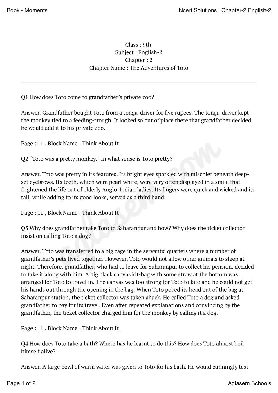 NCERT Solutions For Class 9 English Chapter 2 The Adventures Of Toto PDF 