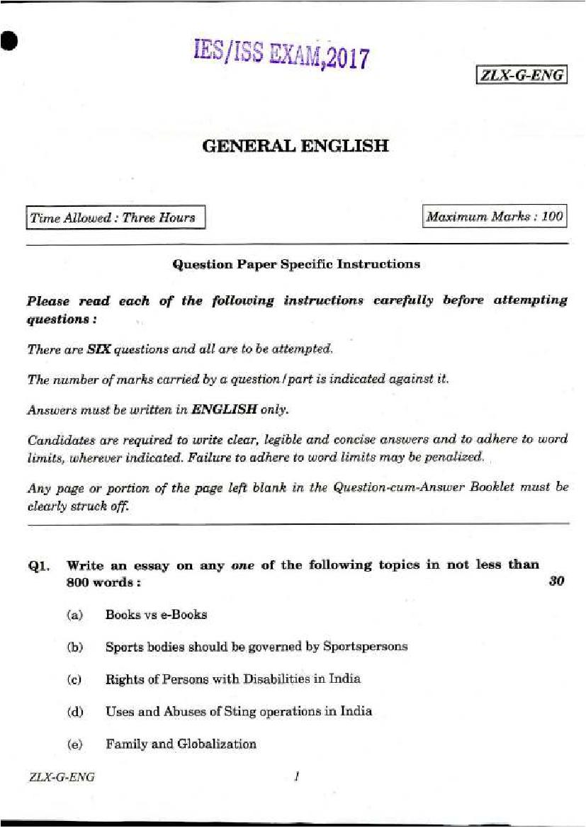 UPSC IES ISS 2017 Question Paper for General English - Page 1