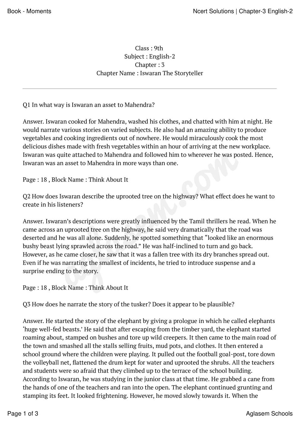 NCERT Solutions For Class 9 English Chapter 3 Iswaran The Storyteller 