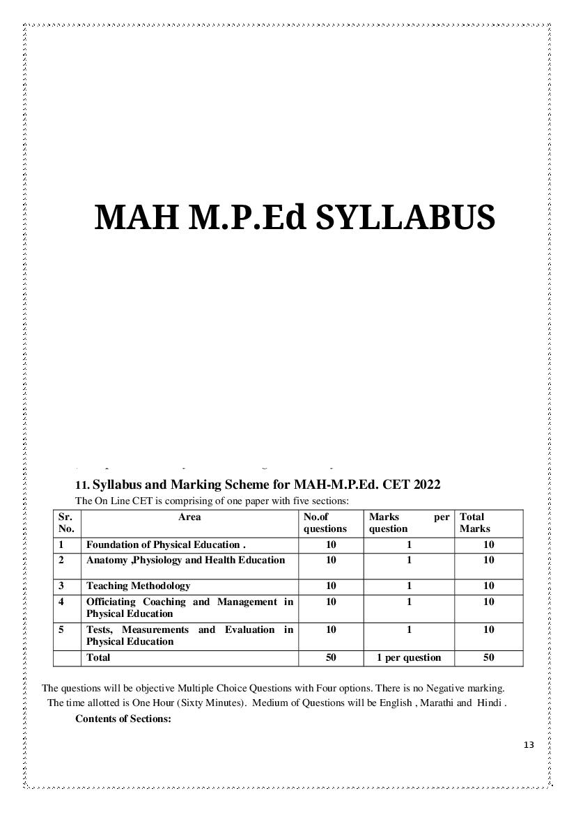 MAH M.P.Ed CET 2022 Syllabus
