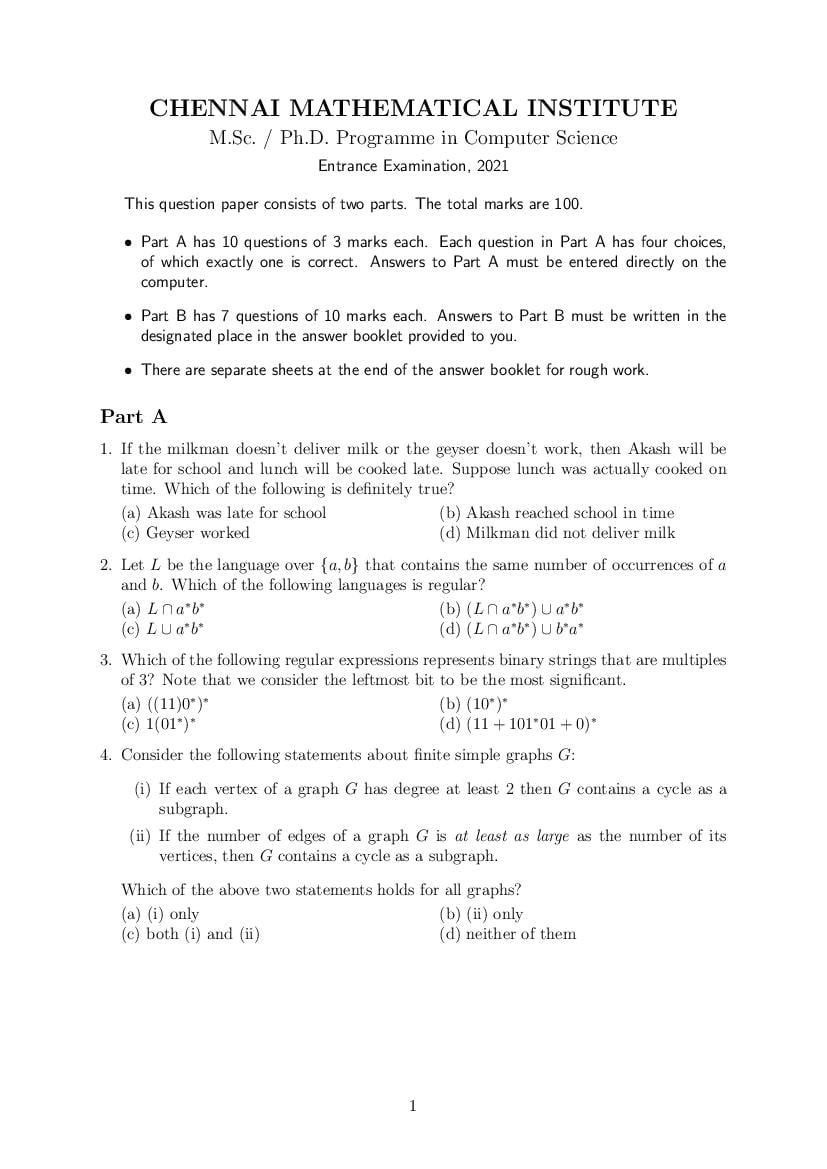 CMI Entrance Exam 2021 Question Paper for M.Sc or PhD Computer Science - Page 1