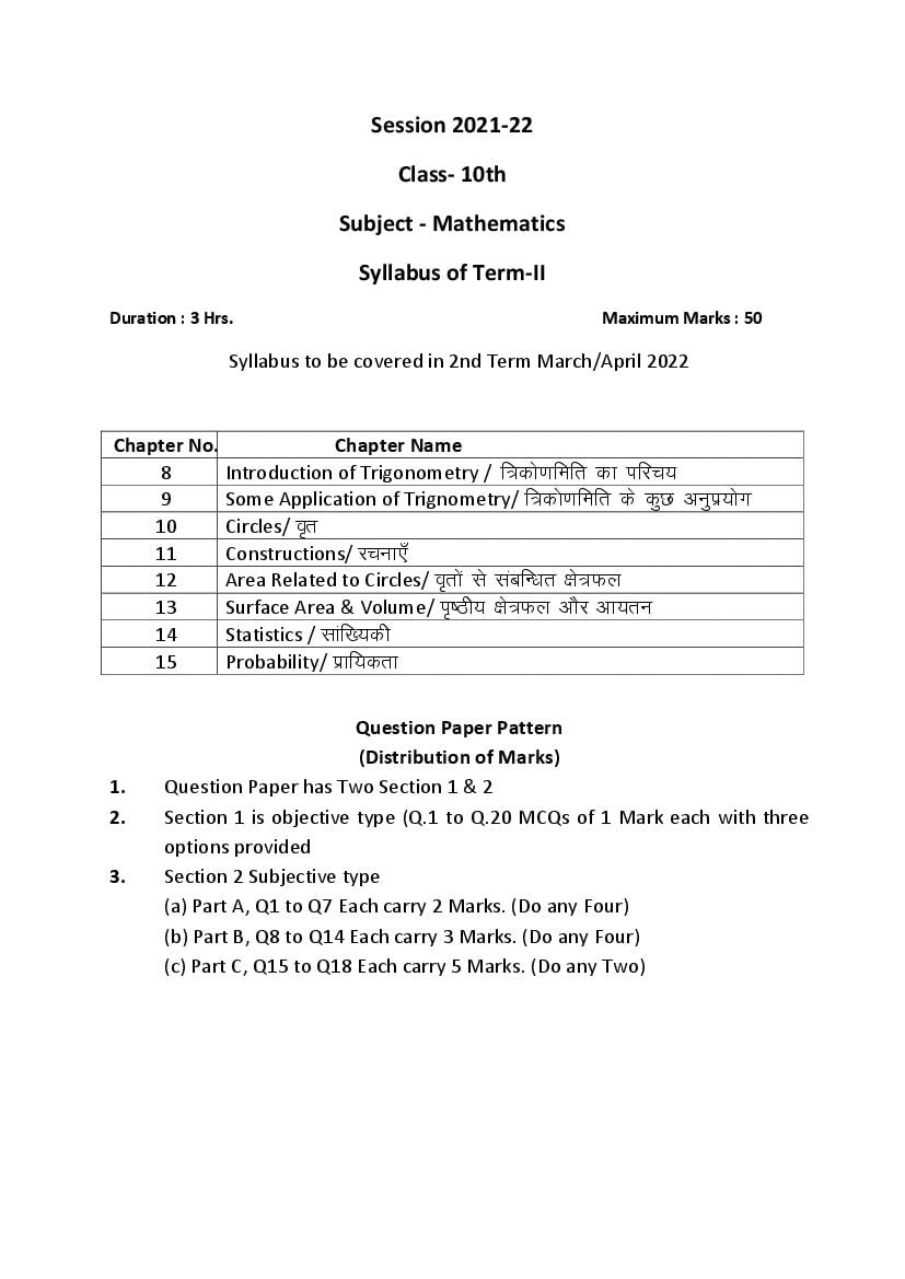 HP Board Class 10 Syllabus 2022 Math - Page 1