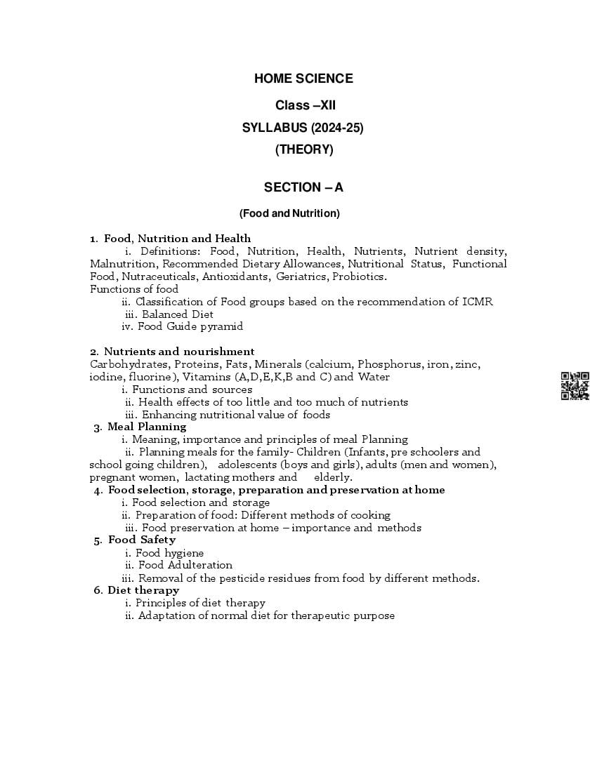PSEB Class 12 Home Science Syllabus (PDF)