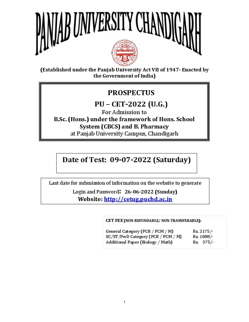 PU CET 2022 Prospectus Revised on 21 June 2022 - Page 1