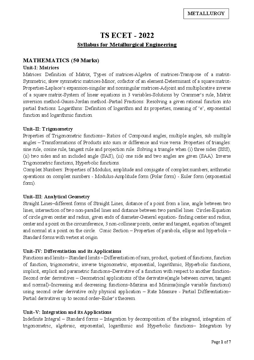 TS ECET 2022 Syllabus for Metallurgical Engineering - Page 1