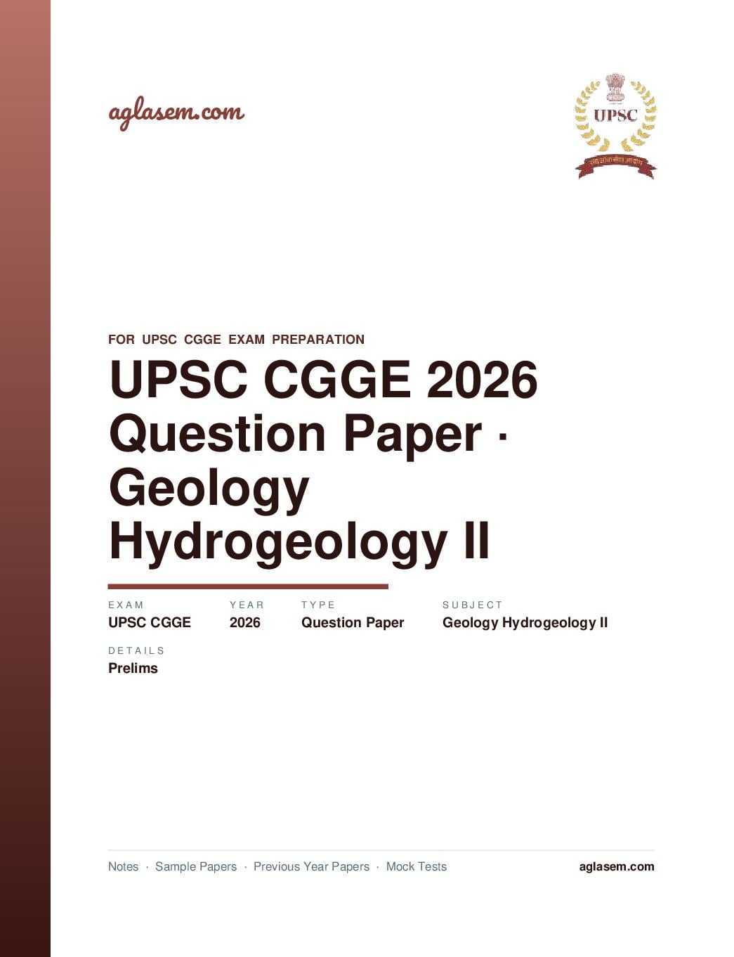 UPSC CGGE 2026 (Prelims) Question Paper Geology Hydrogeology II - Page 1 of 33