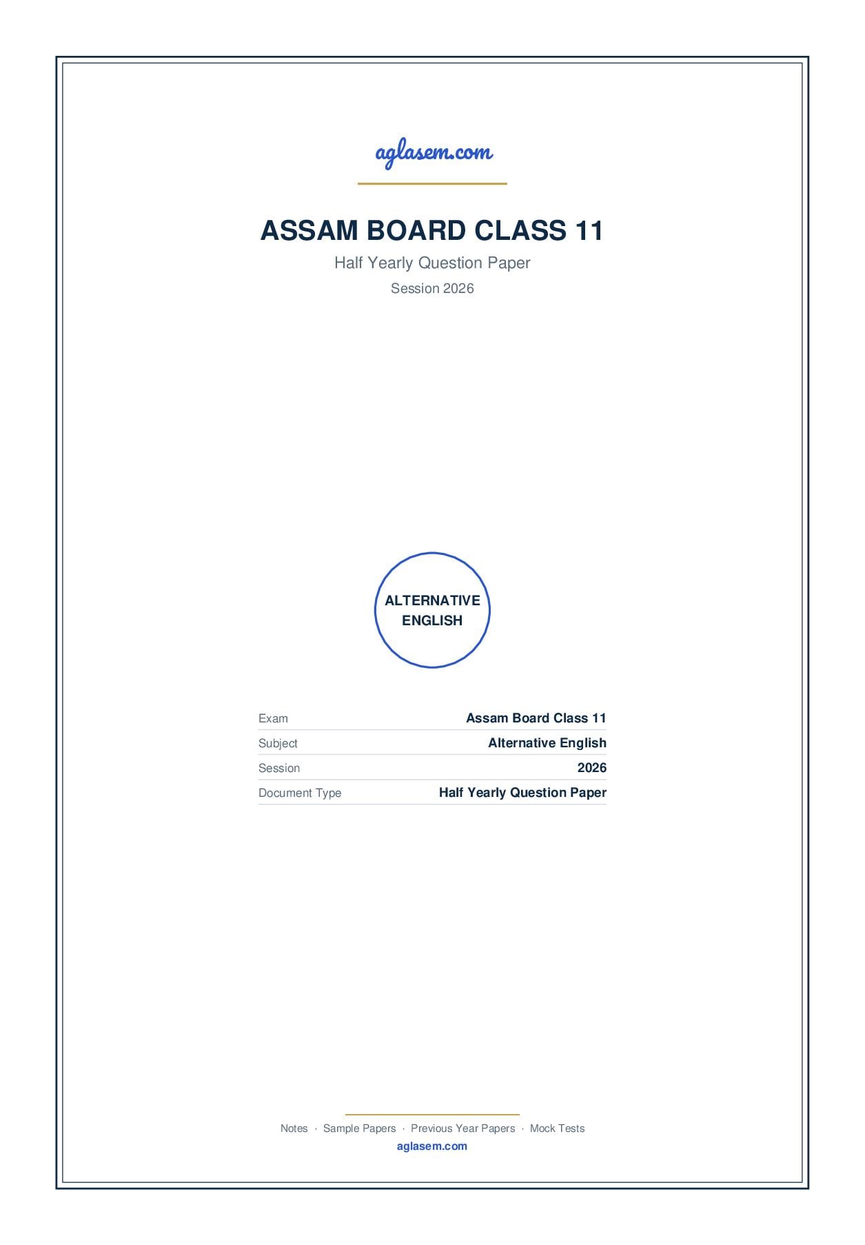 Assam Board Class 11 Half Yearly Question Paper 2026 Alternative English - Page 1 of 5