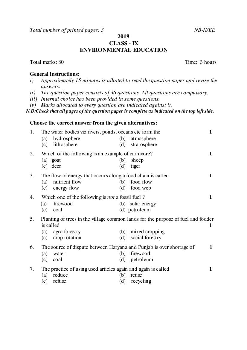 NBSE Class 9 Question Paper 2019 Environmental Education - Page 1