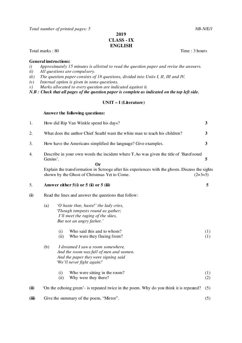 NBSE Class 9 Question Paper 2019 English - Page 1