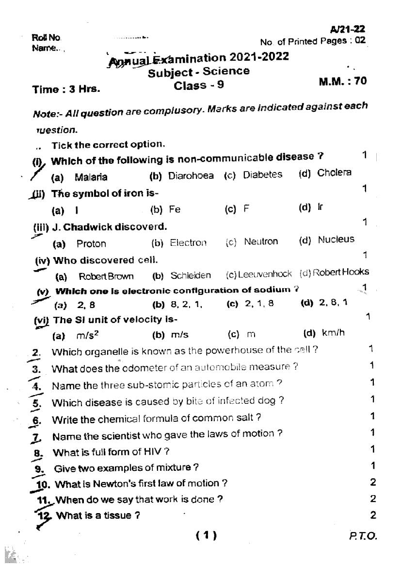 Uttarakhand Board Class 9 Question Paper 2022 for Science - Page 1