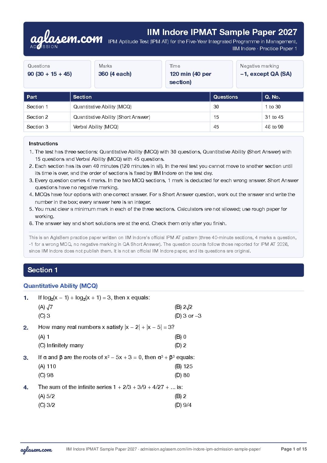 IPMAT 2027 Sample Paper IIM Indore - Page 1 of 15