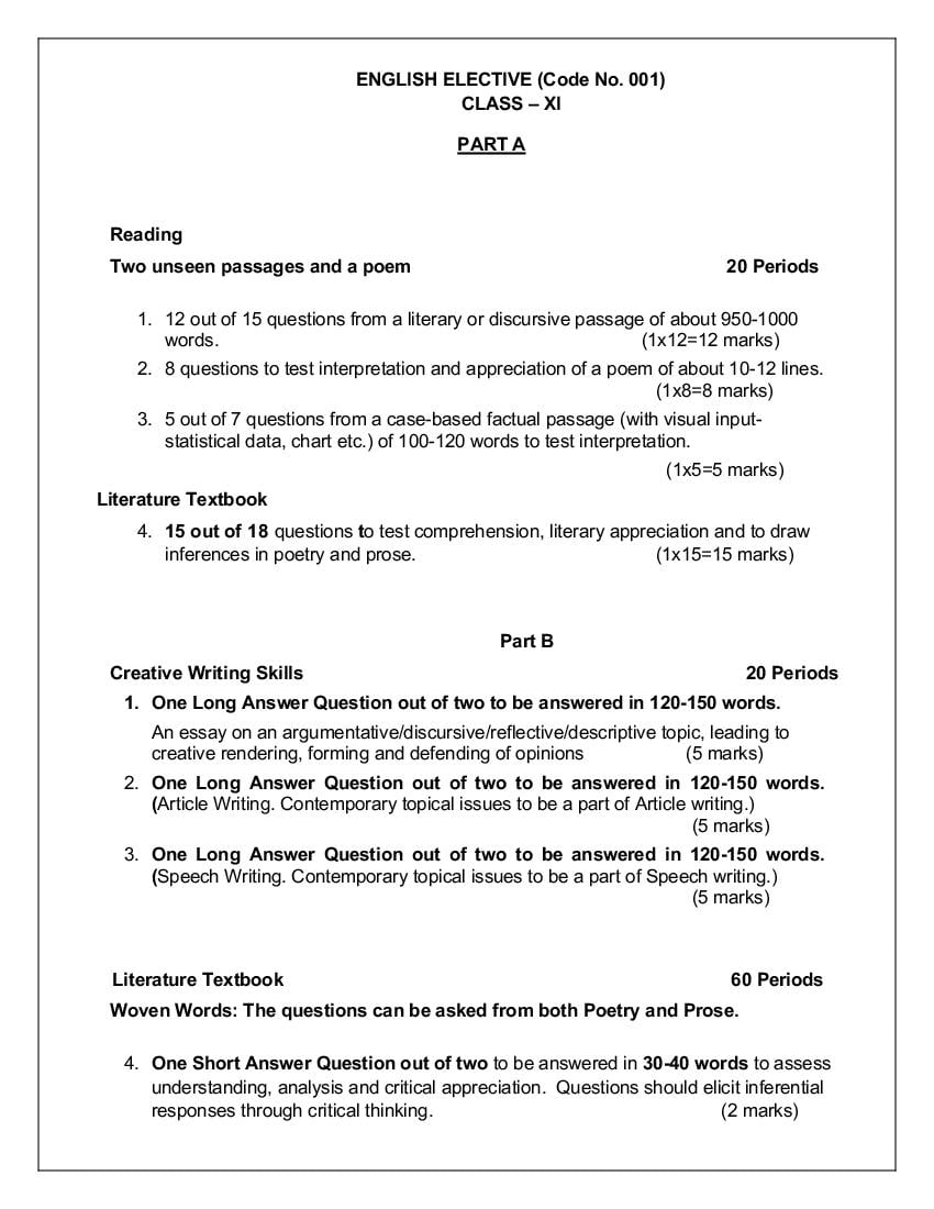 CBSE Class 11 English Elective Syllabus 2020-21 - Page 1