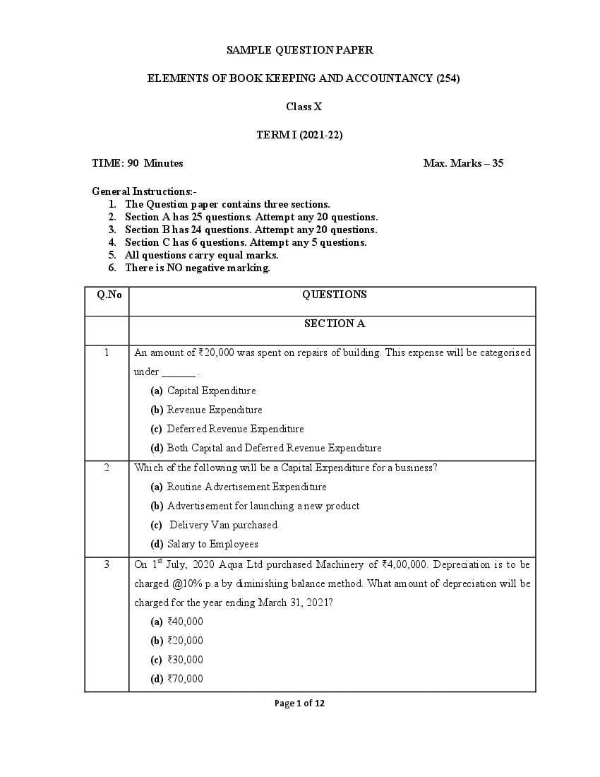 CBSE Class 10 Sample Paper 2022 For Elements Book Keeping Accountancy 