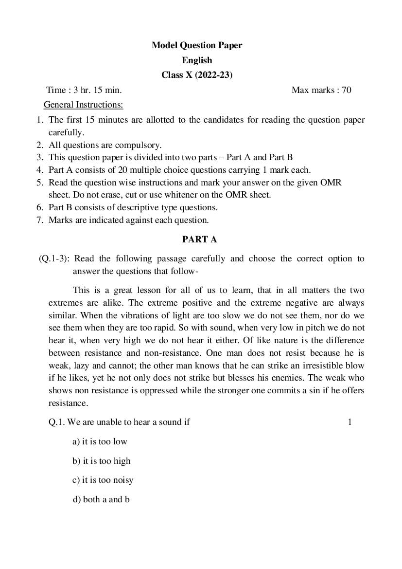 UP Board Class 10th Model Paper 2023 English - Page 1