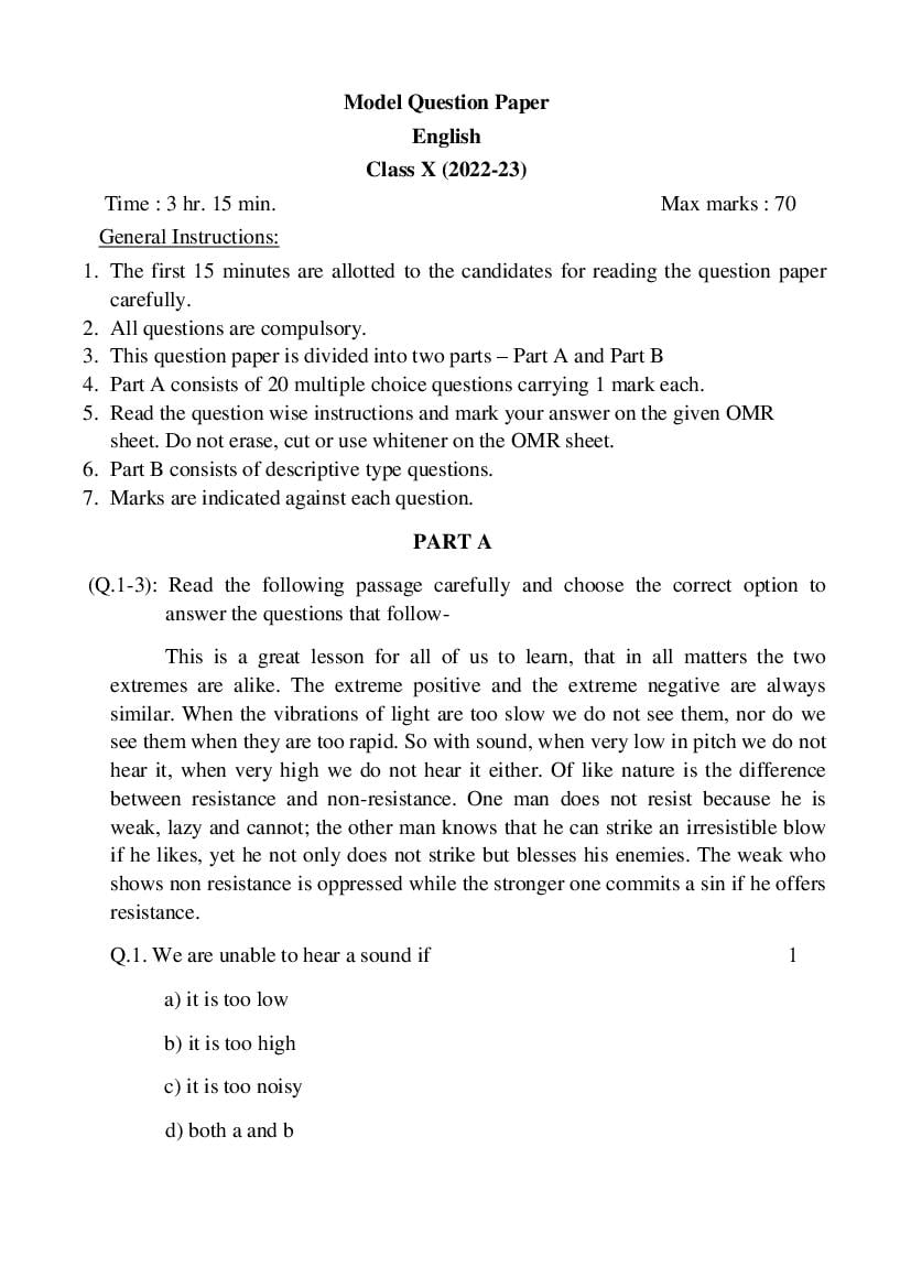 Sample Paper Of Class 10 English 2021