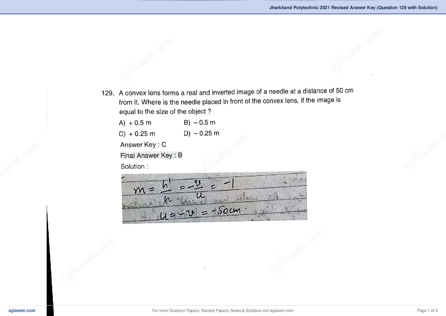 Jharkhand Polytechnic 2021 Revised Answer Key (Question 129 with Solution) - Page 1 of 5