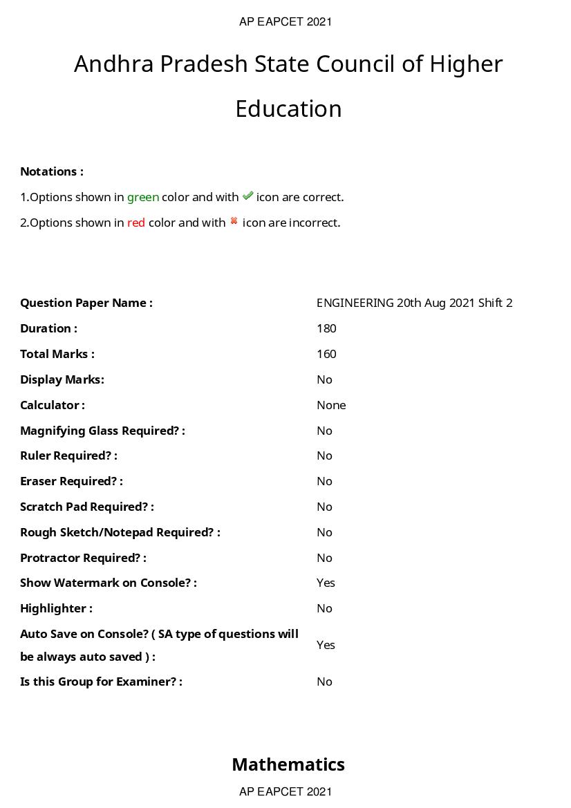 AP EAPCET 2021 Question Paper with Answer Key Engineering 20 Aug Shift AN - Page 1
