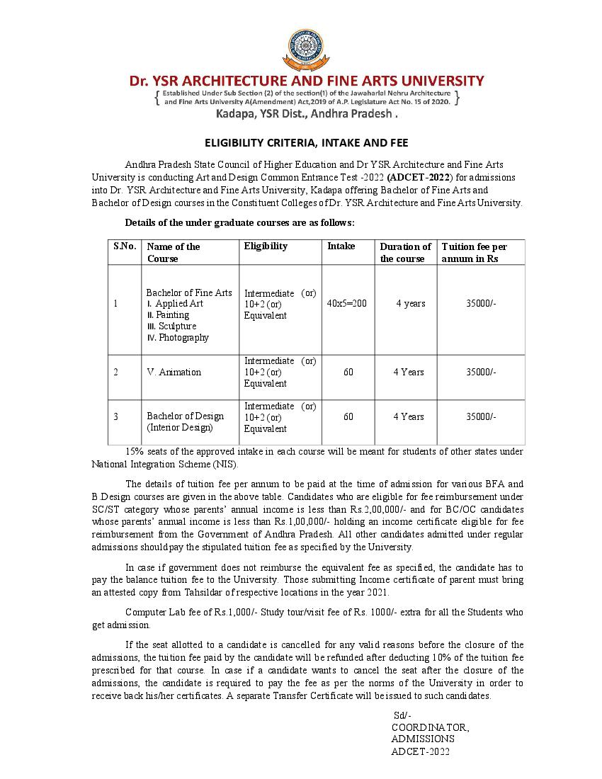 AP ADCET 2022 Eligibility, Intake, Fee - Page 1