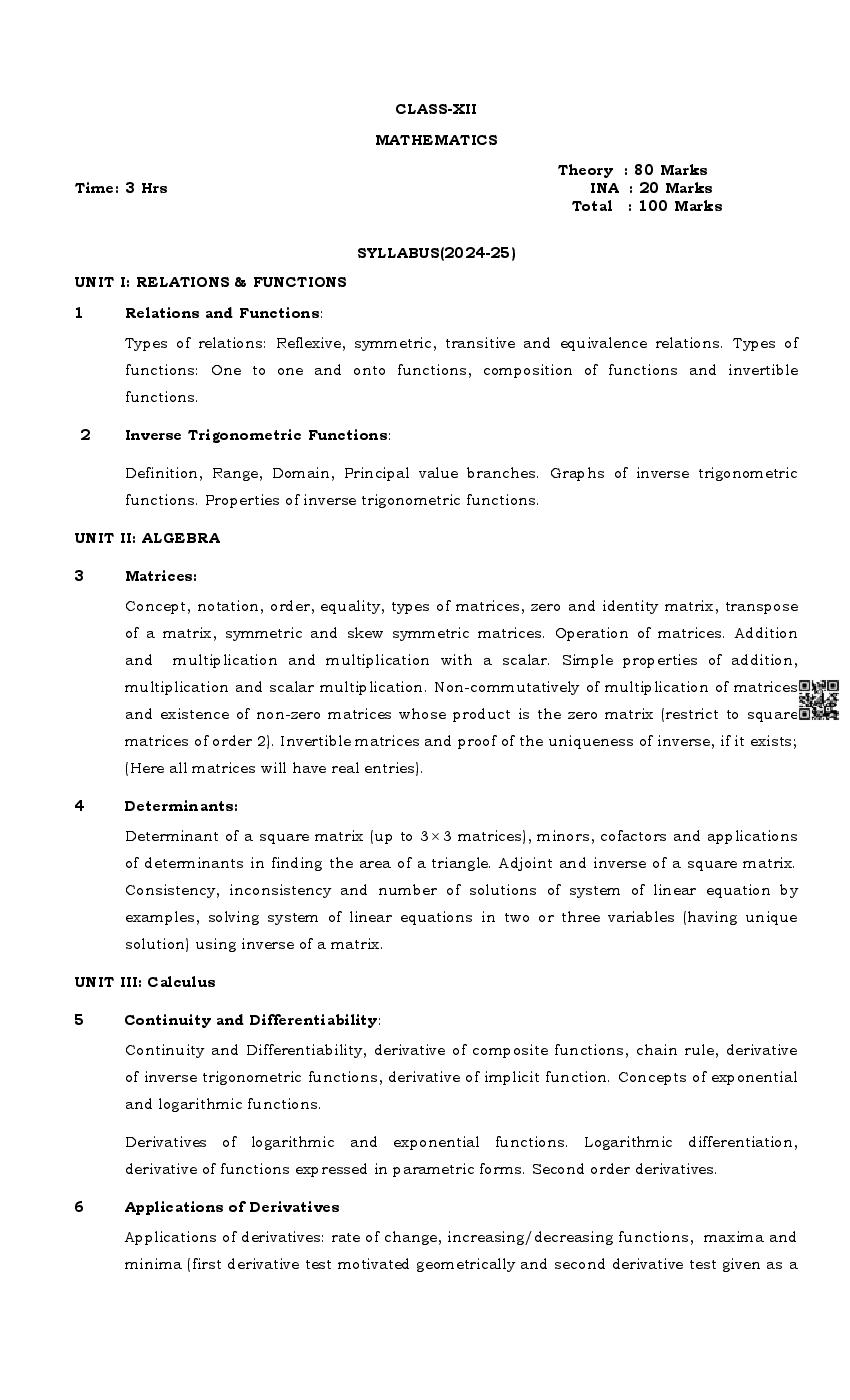 PSEB Class 12 Maths Syllabus (PDF)