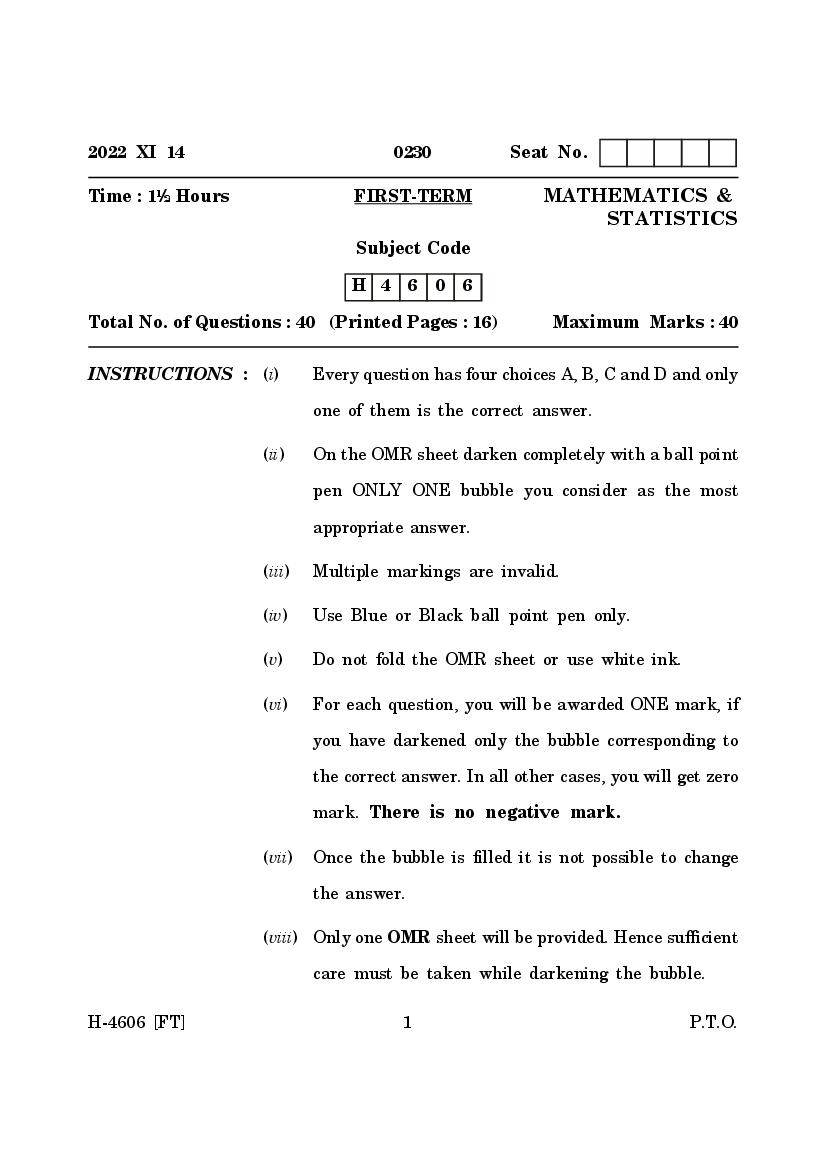 Goa Board Class 12 Question Paper 2022 Mathematics and Statistics - Page 1