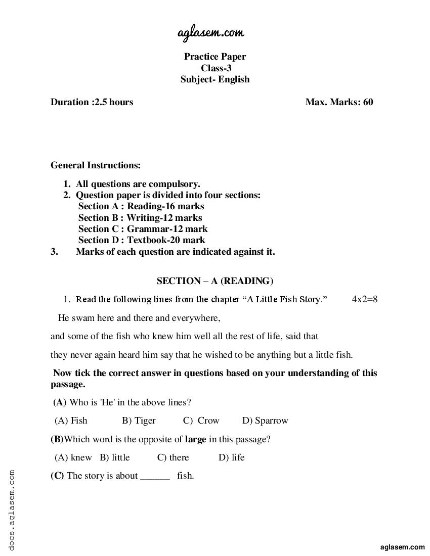 Class 3 English Sample Paper 2024 PDF NCERT Expert