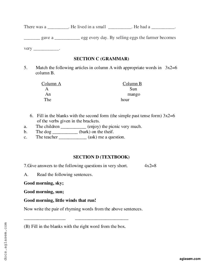 Class 3 English Sample Paper 2024 PDF Annual Exam Model Question