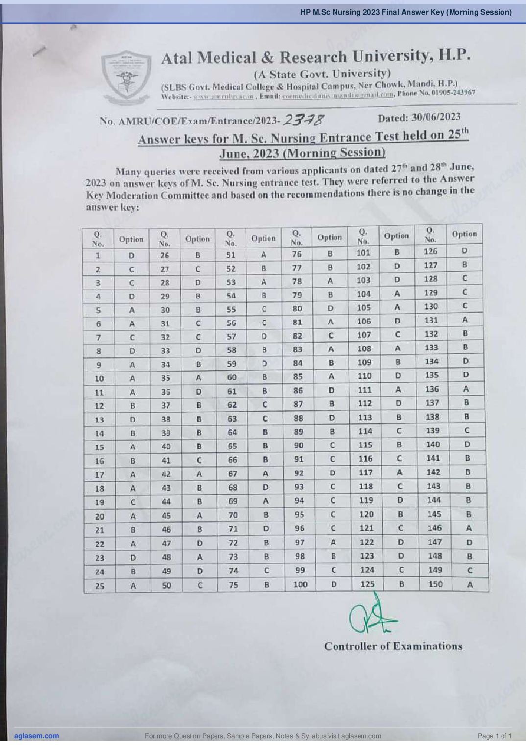 HP M.Sc Nursing 2023 Final Answer Key (Morning Session) - Page 1 of 1
