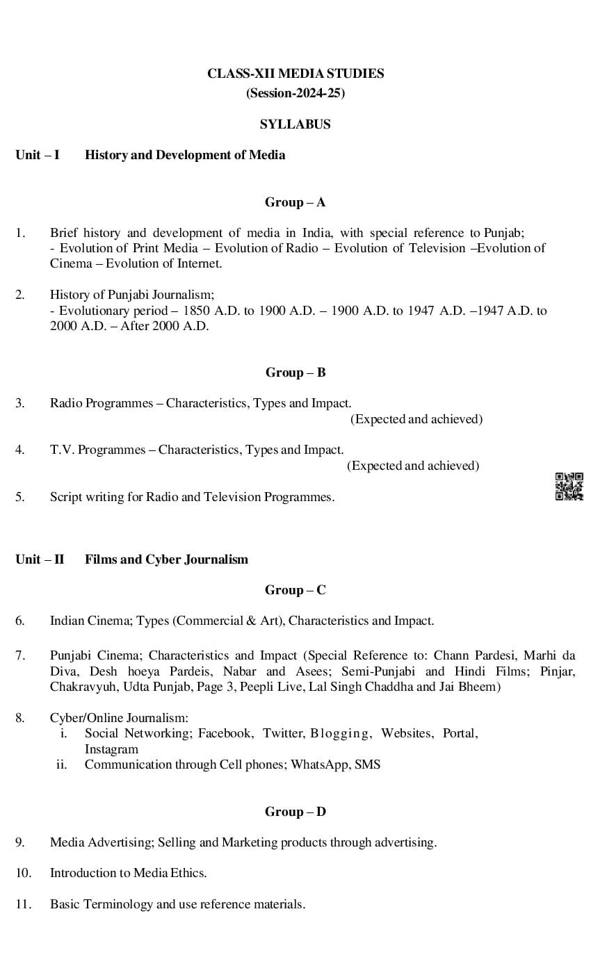 PSEB Class 12 Media Syllabus (PDF)