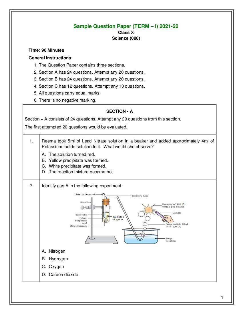 CBSE Class 10 Sample Paper 2022 for Science Term 1 - Page 1