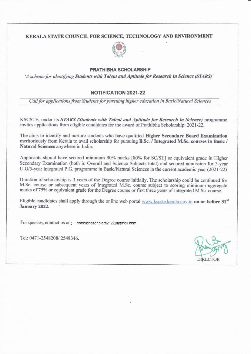 Kerala KSCSTE Prathibha Scholarship Scheme 2021 - 22 Notification - Page 1