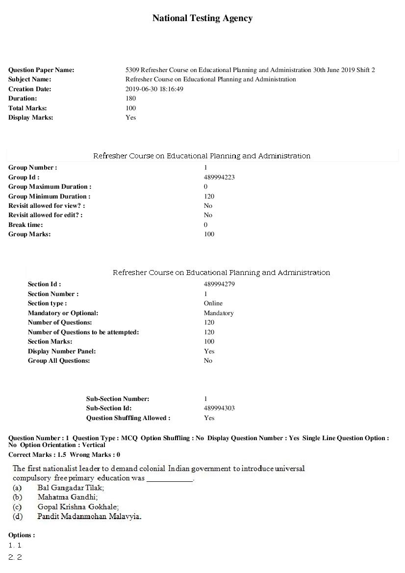 ARPIT 2019 Question Paper for Refresher Course on Educational Planning and Administration Shift 2 - Page 1 of 37