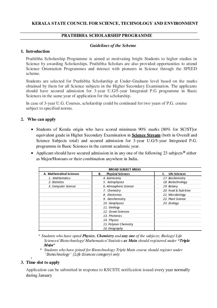 Kerala KSCSTE Prathibha Scholarship Scheme 2021 - 22 Guidelines - Page 1